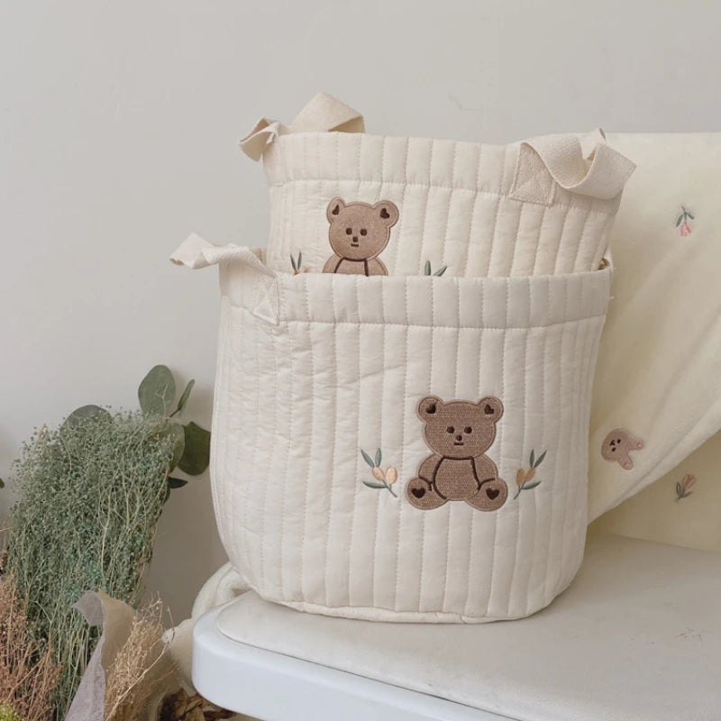 Niedlicher Bären-Stickerei INS Baby Wickeltasche Windel Caddy Windelkorb Mummy Mutterschaftstasche für Neugeborene - Aufbewahrungsorganisator für Spielzeug und D