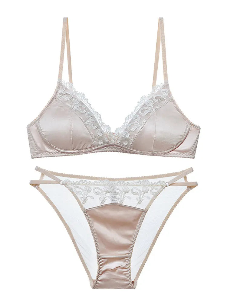 Französisches Dessous-Set für Damen, dünner, bügelloser Triangel-BH, Spitze & Stickerei-Design