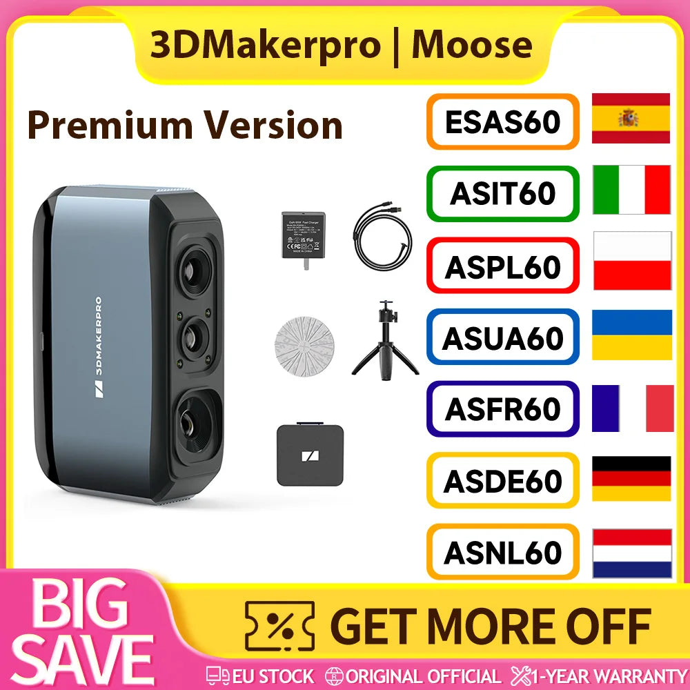3DMakerpro Moose 3D-Scanner, KI-Visuelles Tracking, 0,07 mm Auflösung, 0,03 mm Genauigkeit, Blaue LED-Lichtquelle, 24-Bit-Farbkamera, 10 fps Bildrate, Anti-Shake-Linsen, Kompatibel mit Windows/macOS – Premium Version, Marker-Frei Hauptbild