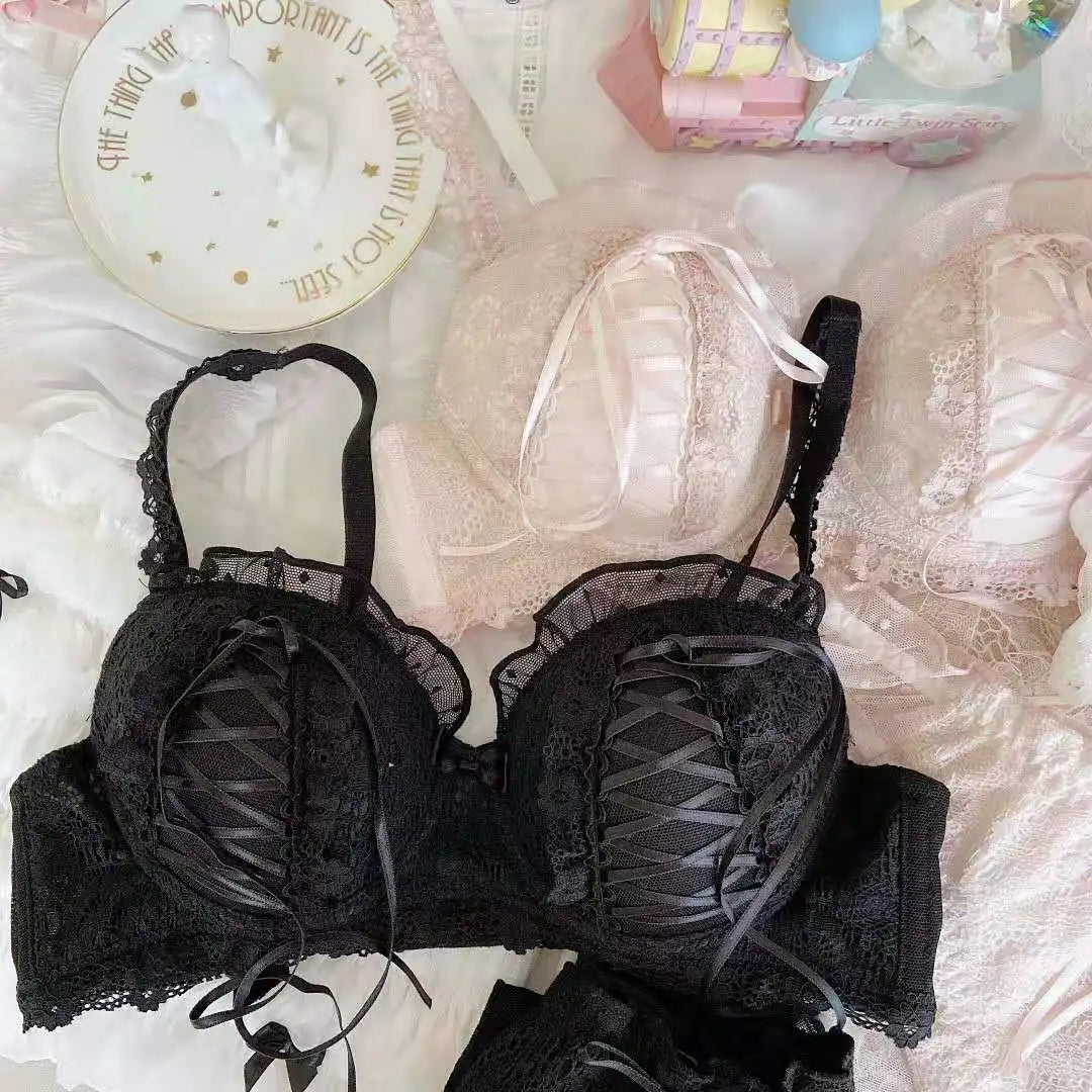 Lolita Mädchen Spitzen-BH-Sets Damen Unterwäsche Intimates Bralette Dessous Japanisch Rüschen Süß Sexy Dünne Körbchen Höschen