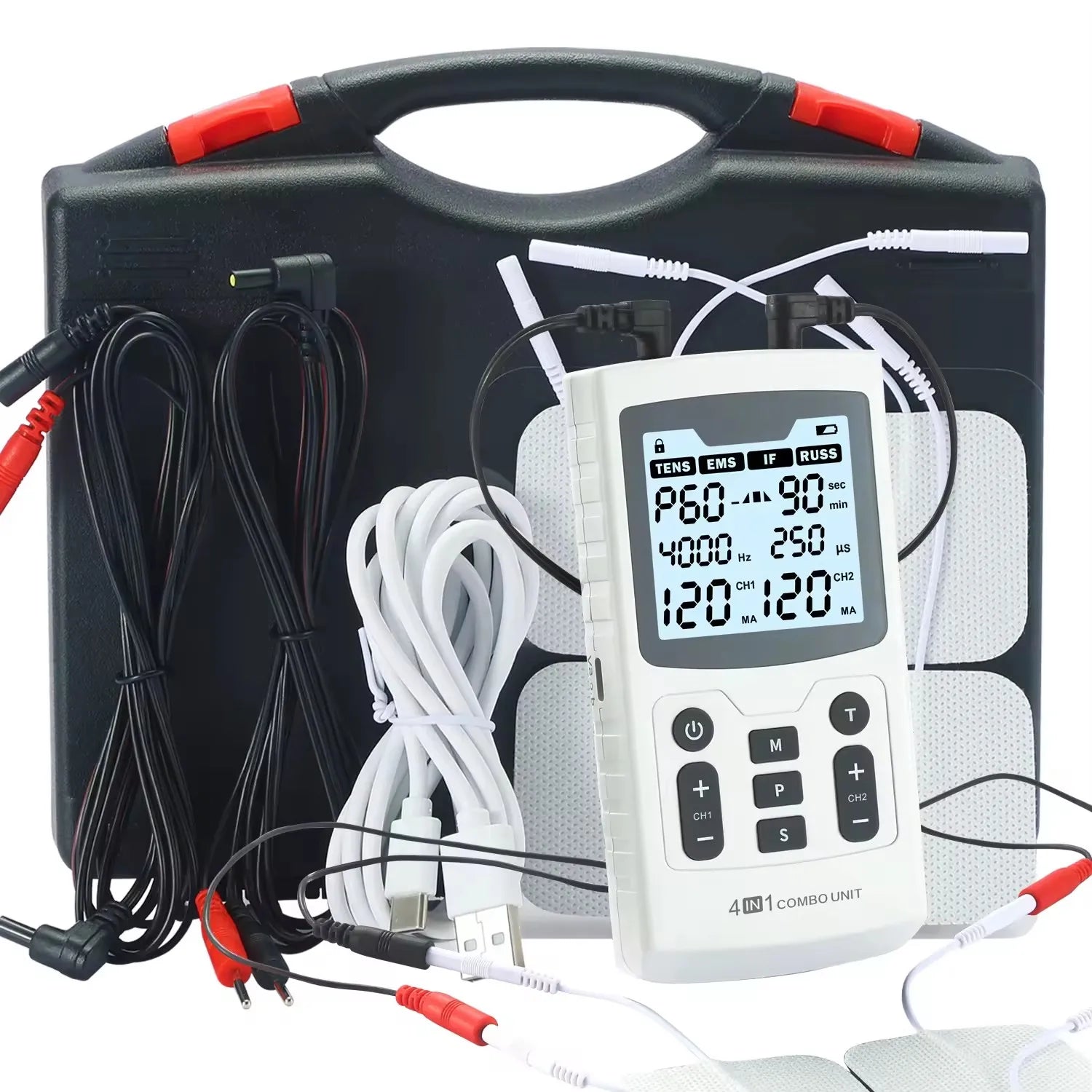 60 Massage-Modi 4-in-1-Elektromuskelstimulator-Kombination Physiotherapie 4000Hz EMS IFC RUSS TENS Impuls-Elektrostimulator