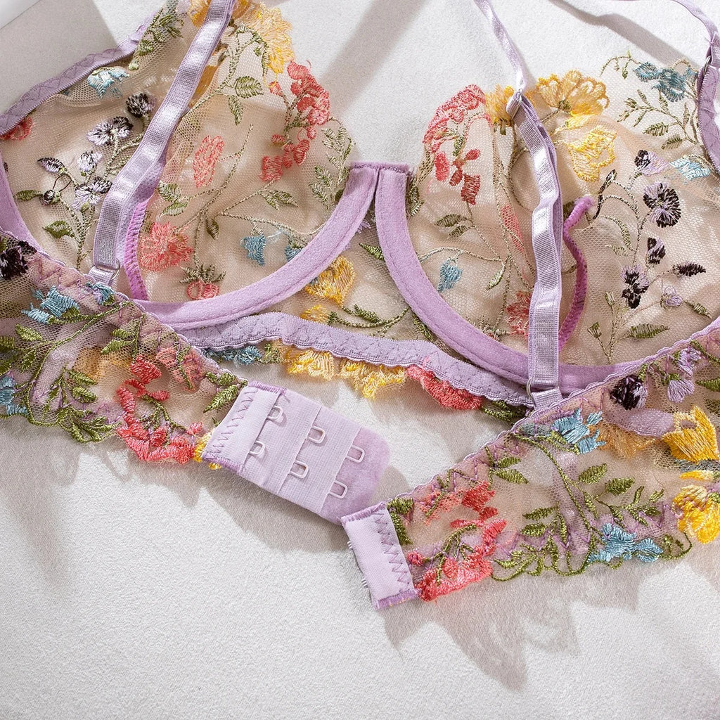 Yimunancy Blumenstickerei Dessous-Set Damen transparentes 2-teiliges Boho-BH + Höschen Unterwäsche-Set Intimates