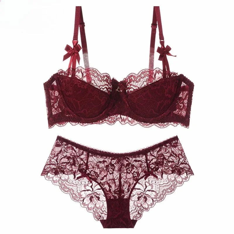 MOYISU Sommer-Dessous-Set, transparenter französischer Spitze, Minimizer-BH, Slip, ultradünn, sexy Damenunterwäsche, großer Busen, sexy Po & Höschen