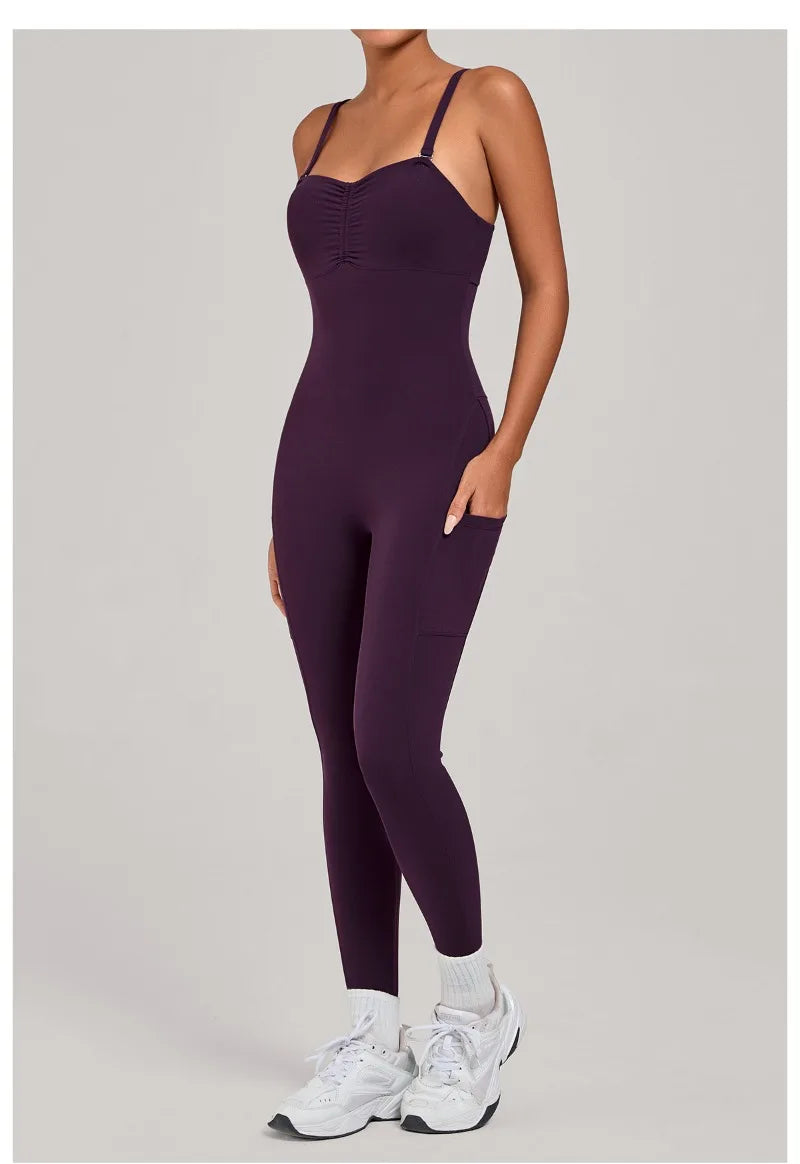 Damen Yoga Jumpsuits Sport Fitness Einteiler Schönheits-Rückengurt Tasche Hüfthebend Slim Fit Laufen Workout Training Bodysuit