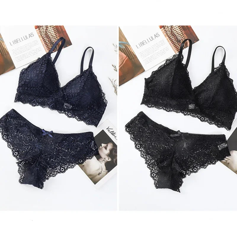 Damen Push-up BH Set Sexy Dessous Geblümte Spitze Kabelloser Bralette Niedriger Bund Höschen Sexy Slips Damen Unterwäsche Intimates