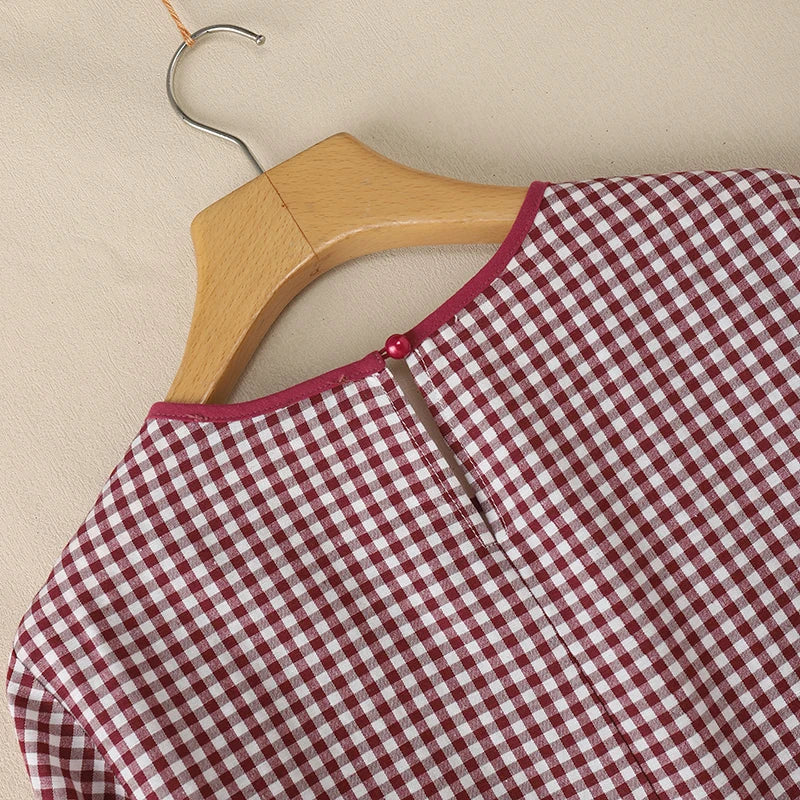 ZANZEA Damen Sommer Plaid Patchwork Bluse 3/4 Glockenärmel Cut Out Tops Lässiges lockeres Hemd Retro Chemise Damen Arbeitsblusen