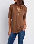 2024 Qualität Heißer Verkauf Plus Size Tiefer V-Ausschnitt Damenbluse Chiffon Coole lockere Hemd Mode Freizeit Damen Tops Sexy Reißverschluss Pullover