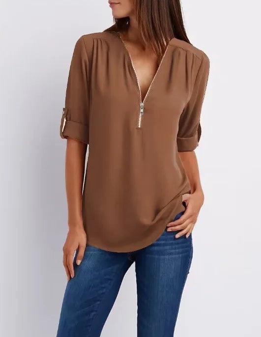 2024 Qualität Heißer Verkauf Plus Size Tiefer V-Ausschnitt Damenbluse Chiffon Coole lockere Hemd Mode Freizeit Damen Tops Sexy Reißverschluss Pullover