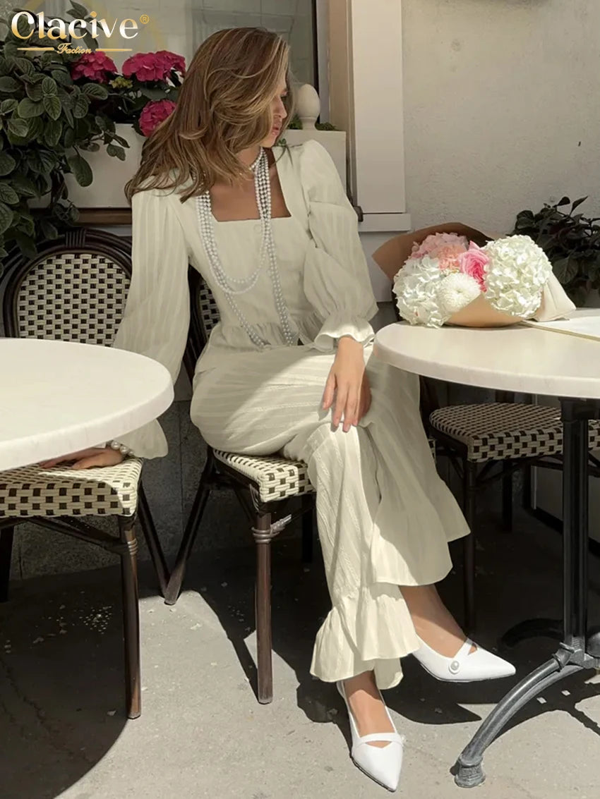 Clacive Mode Lässiges Beiges Baumwoll-2-Teiler-Set Damen Elegantes Langarmshirt mit High-Waist Weite Hose Set Damenbekleidung