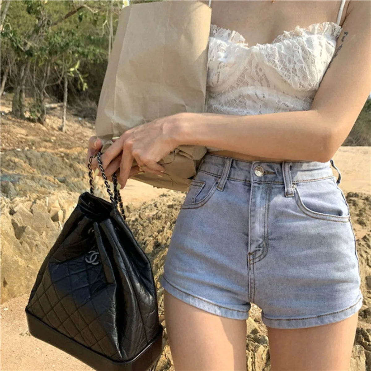 Damen-Denim-Shorts Lässige High-Waist-Shorts Retro-Waschung Button-Fly Sexy Hot Pants Eng anliegende Sommershorts