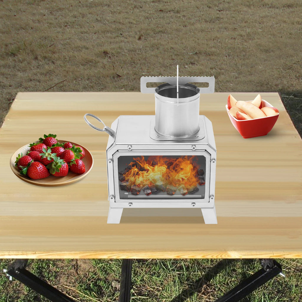 Tragbarer Camping-Holzofen, Mini-Feuerstelle aus Edelstahl für Outdoor-Kochen, Wandern, Grillen, mit Glasfenster und Belüftungsöffnungen