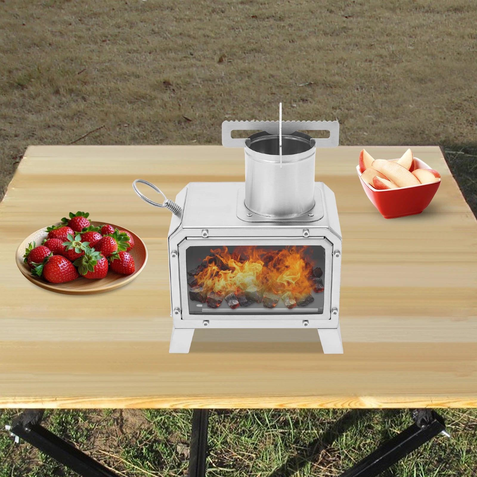 Tragbarer Camping-Holzofen, Mini-Feuerstelle aus Edelstahl für Outdoor-Kochen, Wandern, Grillen, mit Glasfenster und Belüftungsöffnungen