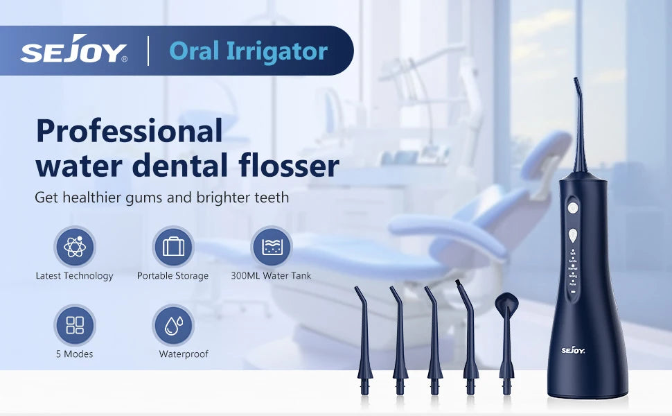 Sejoy Elektrische Wasserflosser Munddusche Wiederaufladbar Tragbar Dental 5 Modi Wassertank Zähne 300ML Wasserdichter Reiniger