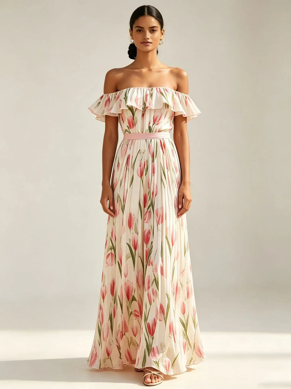 2026 Sommer schulterfreies Kleid mit Tulpenprint in großen Größen, schlankmachend, mit eckigem Ausschnitt und Maxilänge