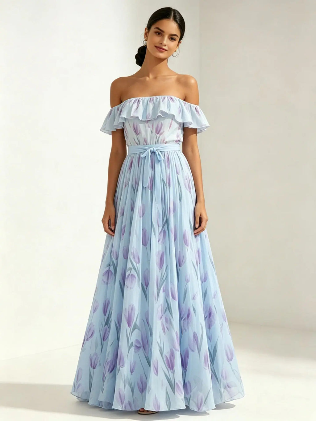 2026 Sommer schulterfreies Kleid mit Tulpenprint in großen Größen, schlankmachend, mit eckigem Ausschnitt und Maxilänge