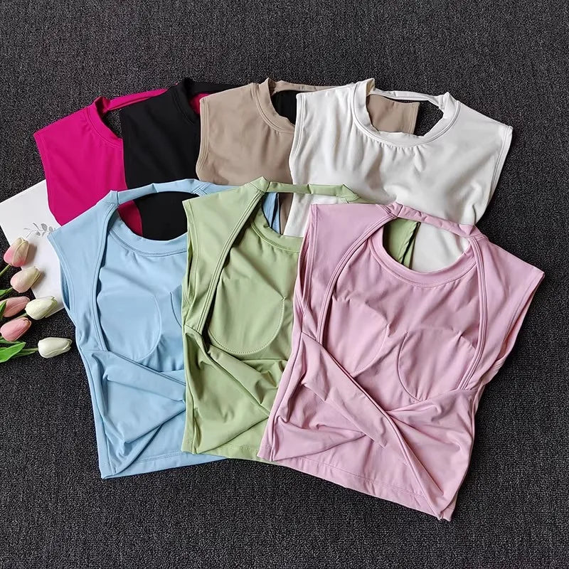 Damen Slim Fit Sport-Tanktop mit offenem Rücken, integrierten BH-Schalen, atmungsaktiv, für Pilates und Yoga