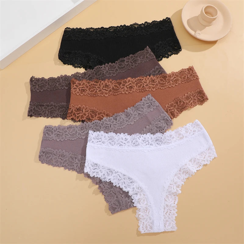 FINETOO 3er-Pack Damen Baumwollunterwäsche Slips Sexy Spitze Brasilianischer Slip Niedrige Taille Blumenmuster Einfarbig G-String Atmungsaktive Dessous