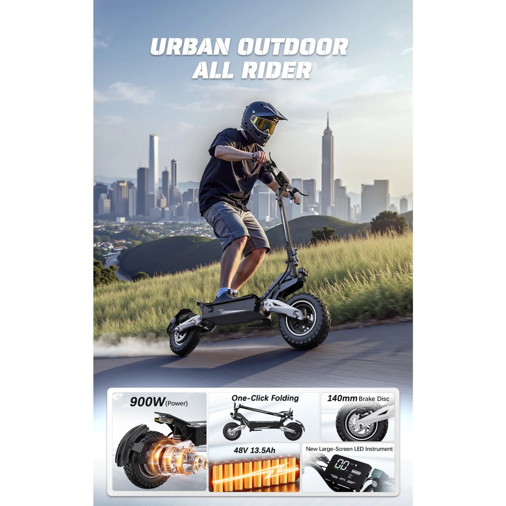T10 Tragbarer E-Scooter 900W Spitzenleistung 48V 13.5/18 Ah Akku Elektroroller für Erwachsene 11 Zoll Offroad-Reifen Elektroroller