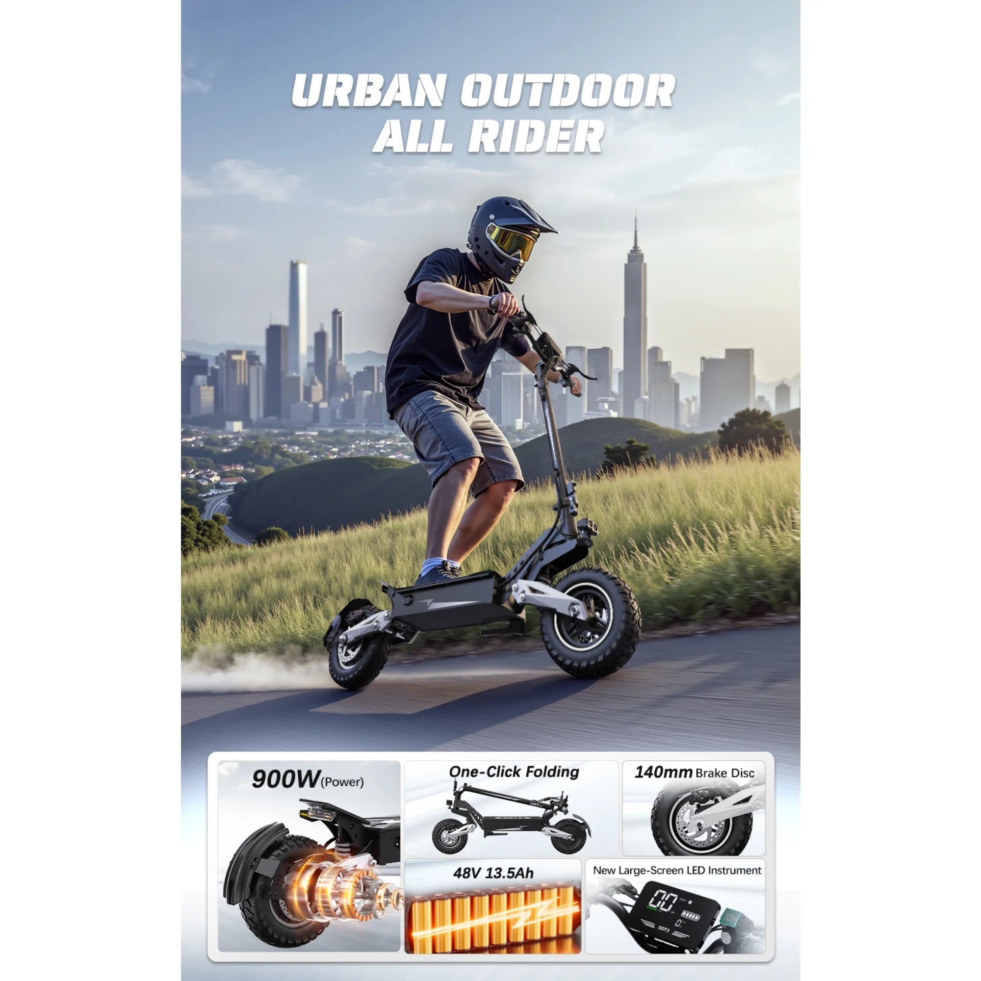 T10 Tragbarer E-Scooter 900W Spitzenleistung 48V 13.5/18 Ah Akku Elektroroller für Erwachsene 11 Zoll Offroad-Reifen Elektroroller