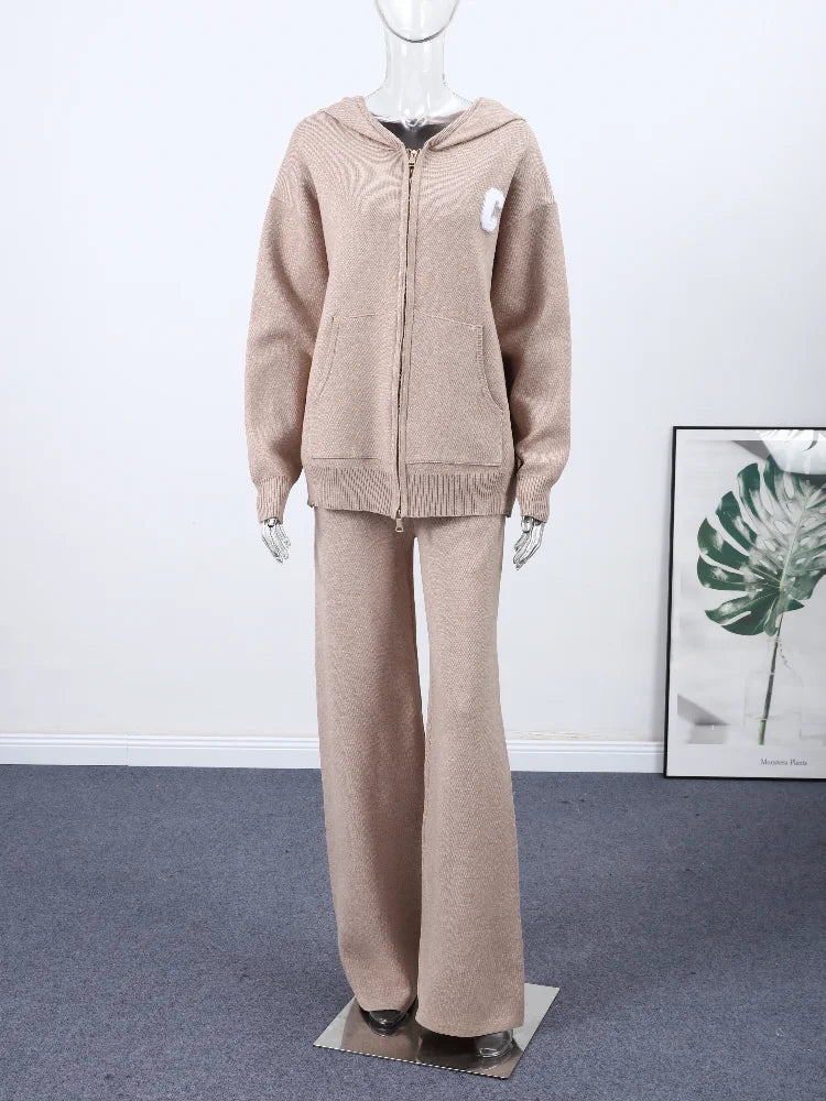 Mode-Cardigan-Hosenanzug Damen Kapuze Reißverschluss Lange Ärmel Lockerer Mantel Gerade Hose 2025 Herbst Lässiger 2-Teiler für Damen