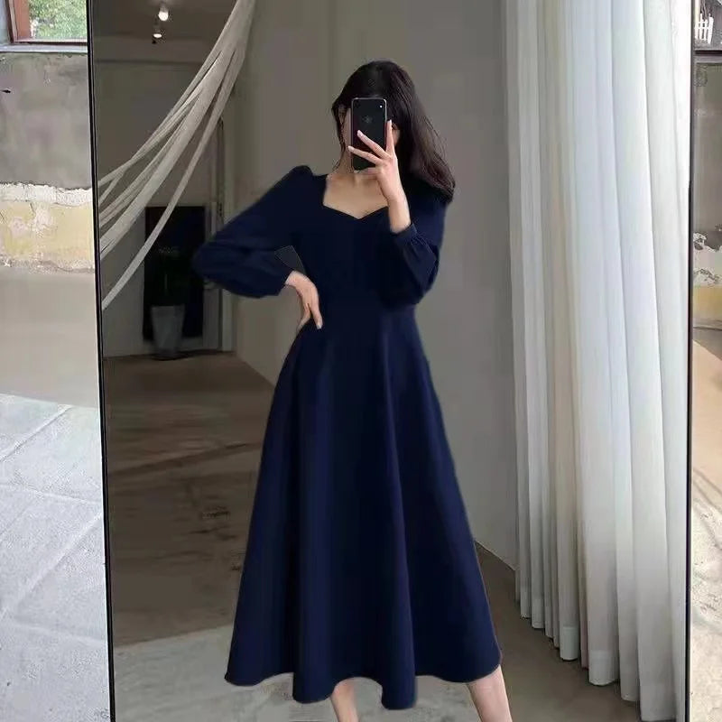 Langärmeliges Kleid mit Puffärmeln, unifarben, elegant, Damenbekleidung, Hochzeitsgast, Neujahr, Damenmode, Hohe Taille, Schmal, Abendpartykleider
