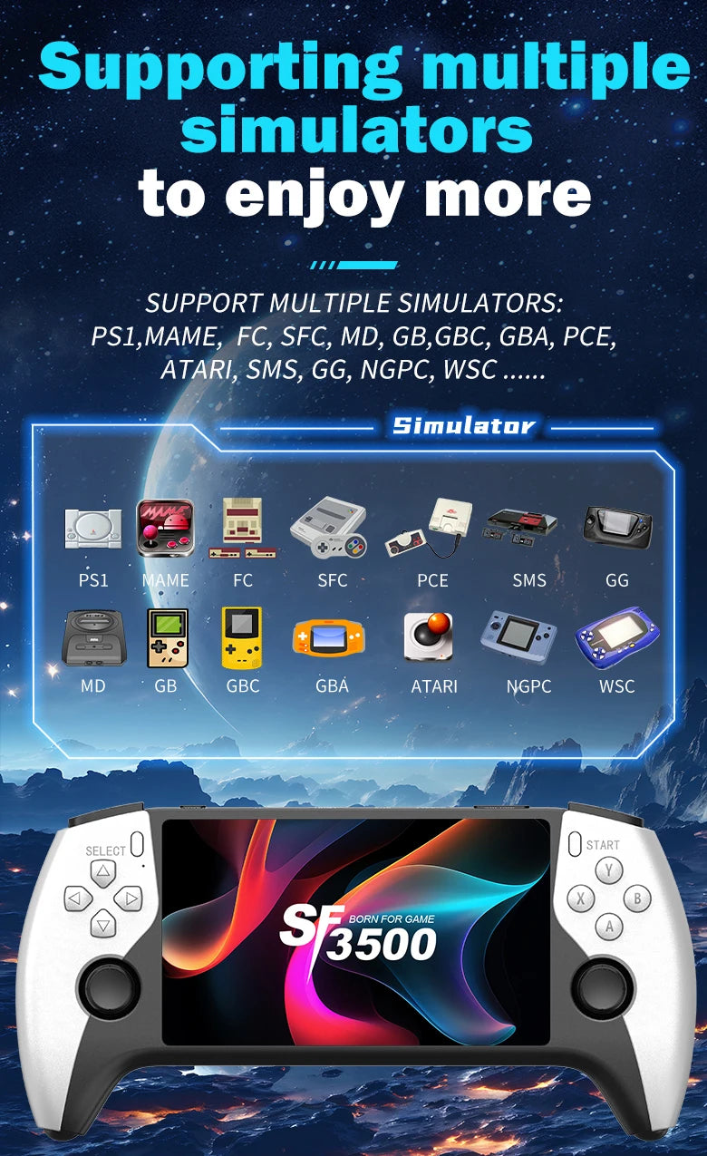 SF3500 Retro Handheld Videospielkonsole Linux System 5,0 Zoll 854*480 IPS Bildschirm 3000mAh Tragbarer Pocket Video Player Spiele