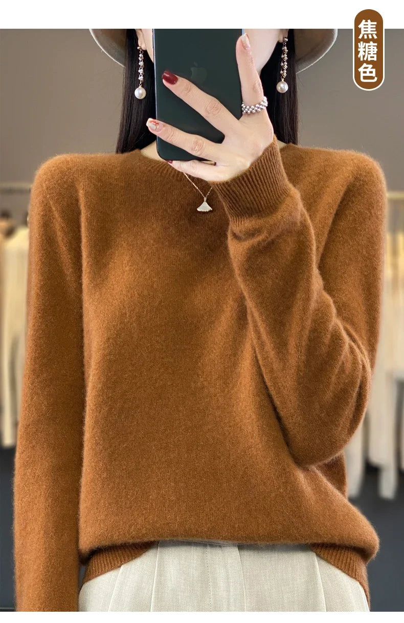 100 % Merinowolle Pullover Damen O-Ausschnitt Kaschmir Strickwaren Female Pullover Herbst Winter Freizeit Oberteile Einfarbig Weiche Kleidung