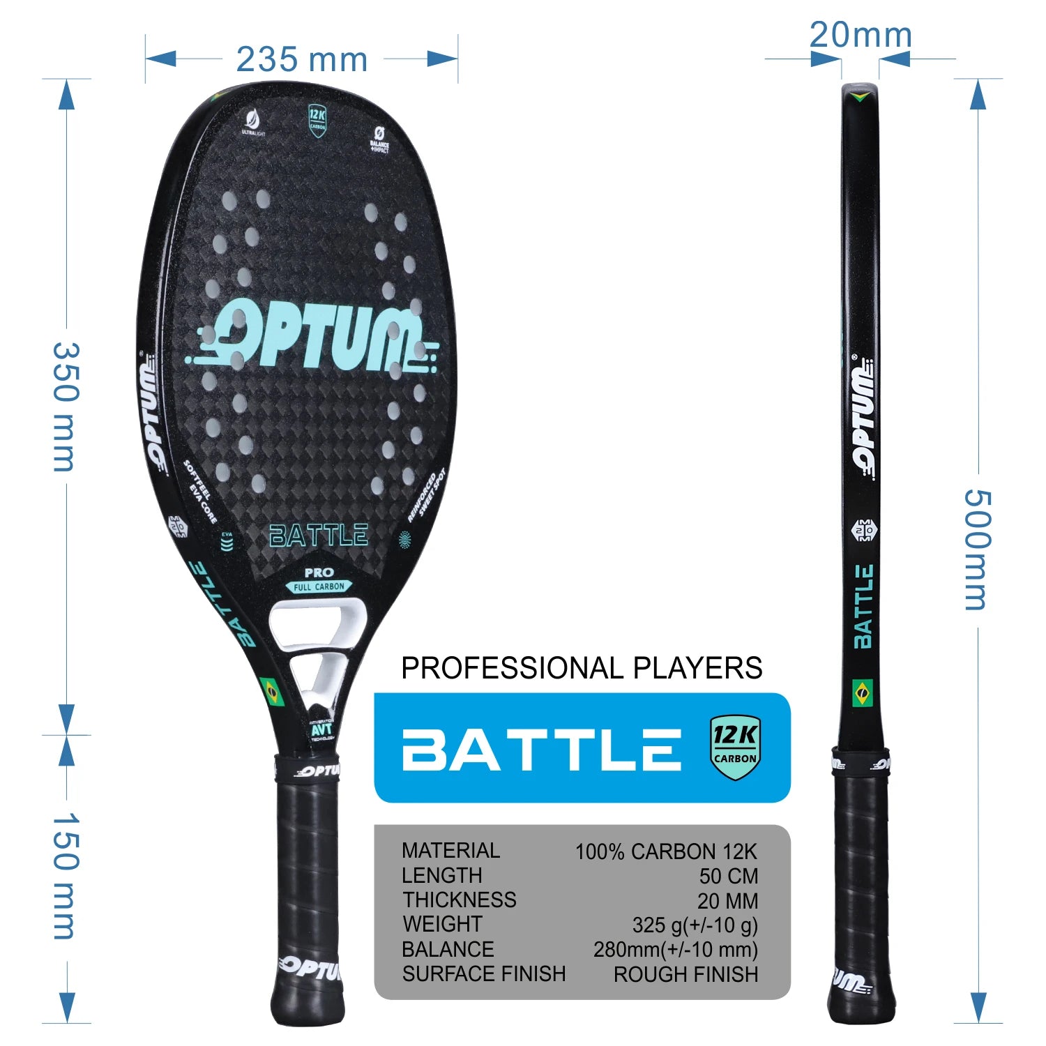 OPTUM BATTLE 12K Carbonfaser-Strandtennisschläger mit rauer Oberfläche und Abdeckungstasche