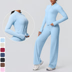 2-teiliges schnelltrocknendes Sport-Fitness-Bekleidung Yoga-Set Damen Yoga Reißverschluss Langarm High Waisted atmungsaktive weite Hose Set