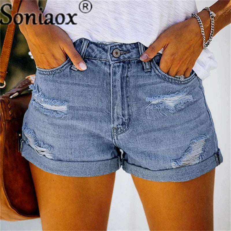2024 Sommer neue Damen-Crimp-Knopfleiste Stretch Sexy Loch Jeans-Shorts High Waist Skinny Streetwear Trendige Ripped Denim-Shorts