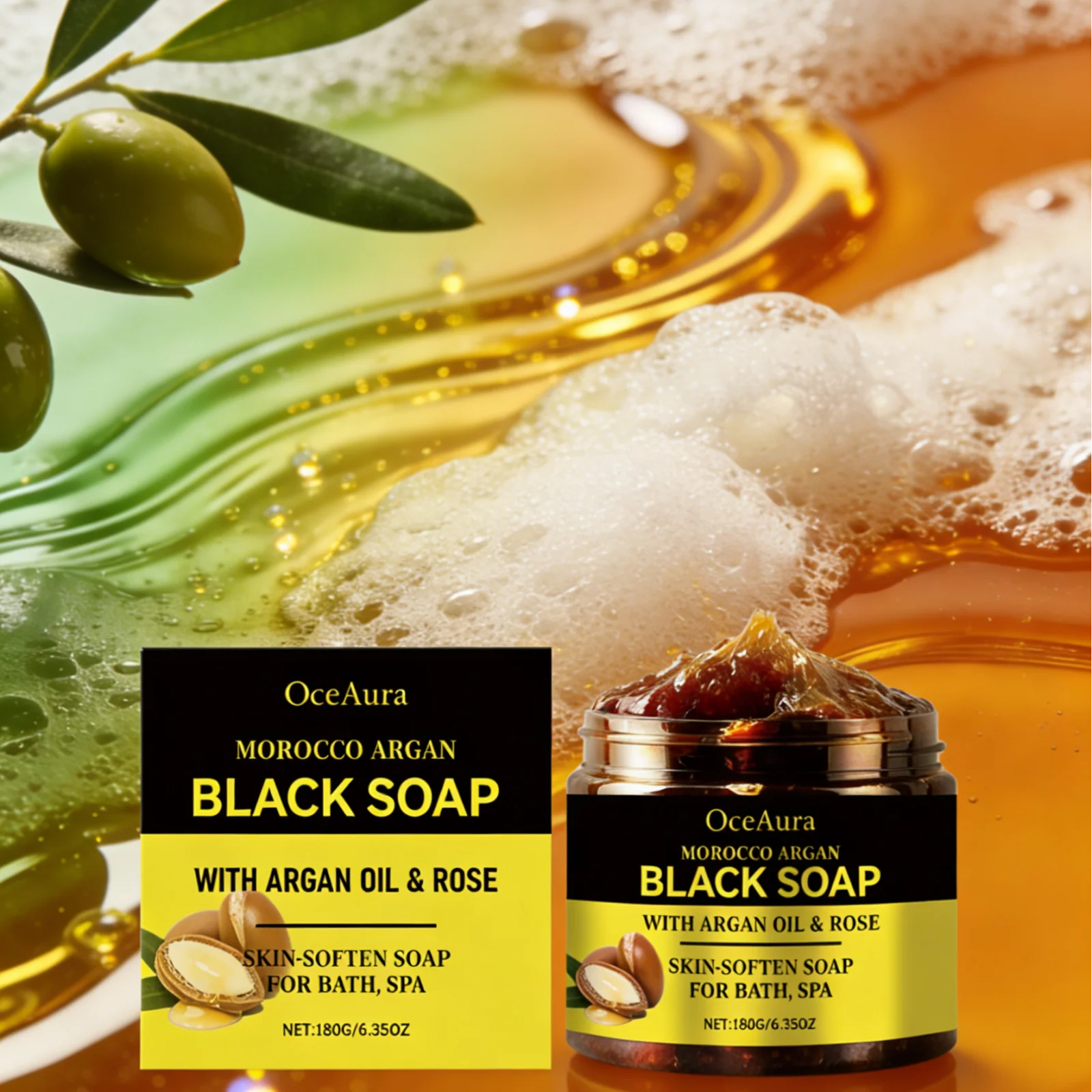 OceAura Schwarze Seife Marokko Arganöl Peeling Körper Glatt Weich Professionelle Hautreinigung Spa Rosenblütenöl Badezimmerseife 180g Hauptbild