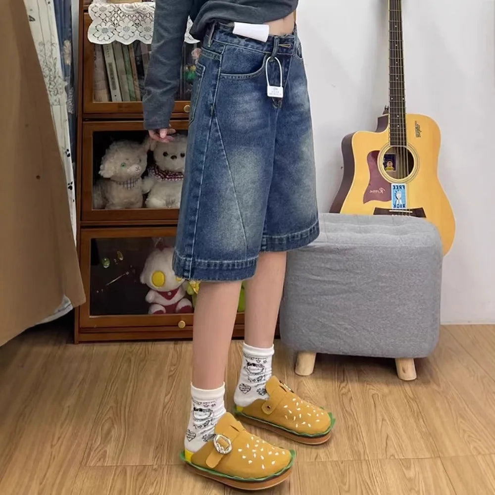 Spicy Girl Retro Amerikanische Fünf-Punkt-Denim-Shorts Damen Sommer Neue Lockere Design Schmale Gerade Weite Beinhosen Mittellange Hose
