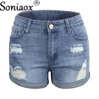2024 Sommer neue Damen-Crimp-Knopfleiste Stretch Sexy Loch Jeans-Shorts High Waist Skinny Streetwear Trendige Ripped Denim-Shorts