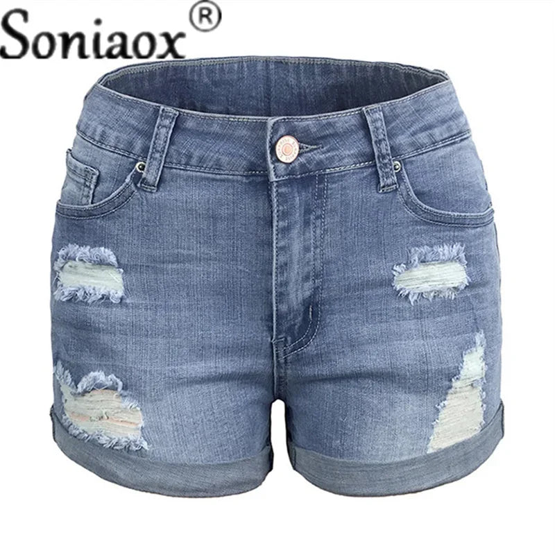 2024 Sommer neue Damen-Crimp-Knopfleiste Stretch Sexy Loch Jeans-Shorts High Waist Skinny Streetwear Trendige Ripped Denim-Shorts