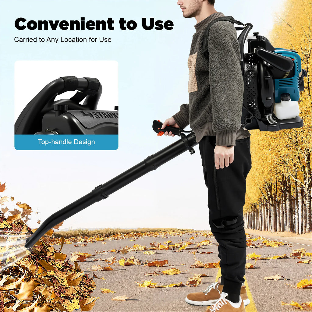 75.6CC 4-Takt Benzin-Rucksacklaubbläser, 2600W 498FT mit Tempomat, zur Reinigung von Gartenabfällen, kommerzieller und privater Gebrauch