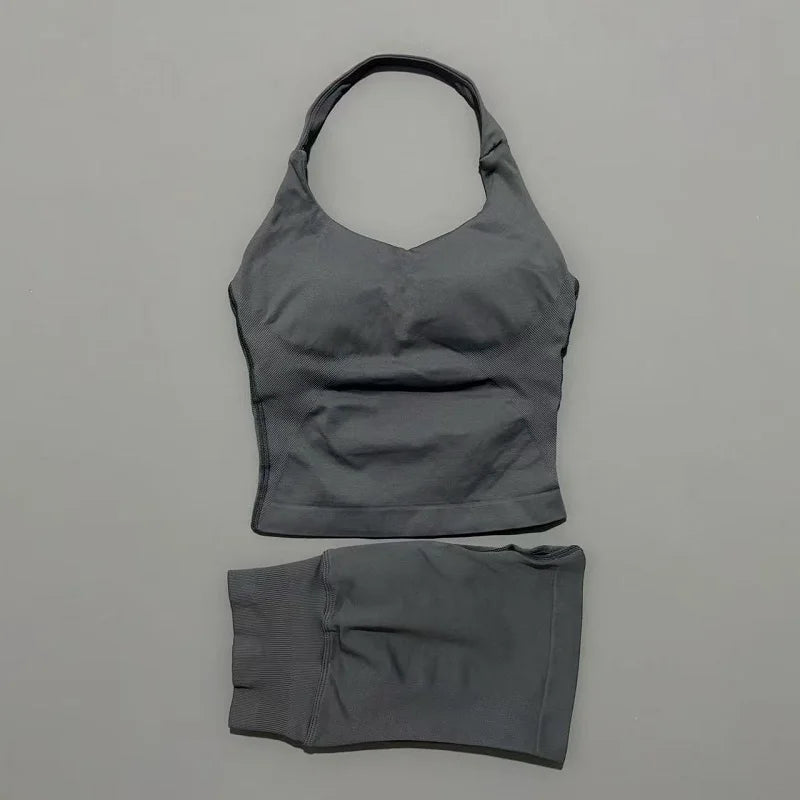 2-teiliges Sportset Damen Rückenloses Tanktop Hohe Taille Scrunch Nahtlose Shorts Fitnesskleidung Activewear Trainingssets Gym Anzug