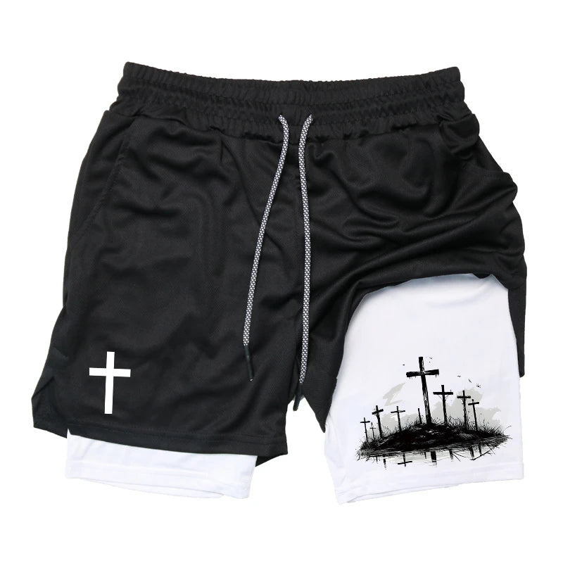 Herren-2-in-1-Lauf-Workout-Shorts mit Druck, Christian Gym Athletic Performance Shorts mit Handytasche und Handtuchschlaufe, Activewear