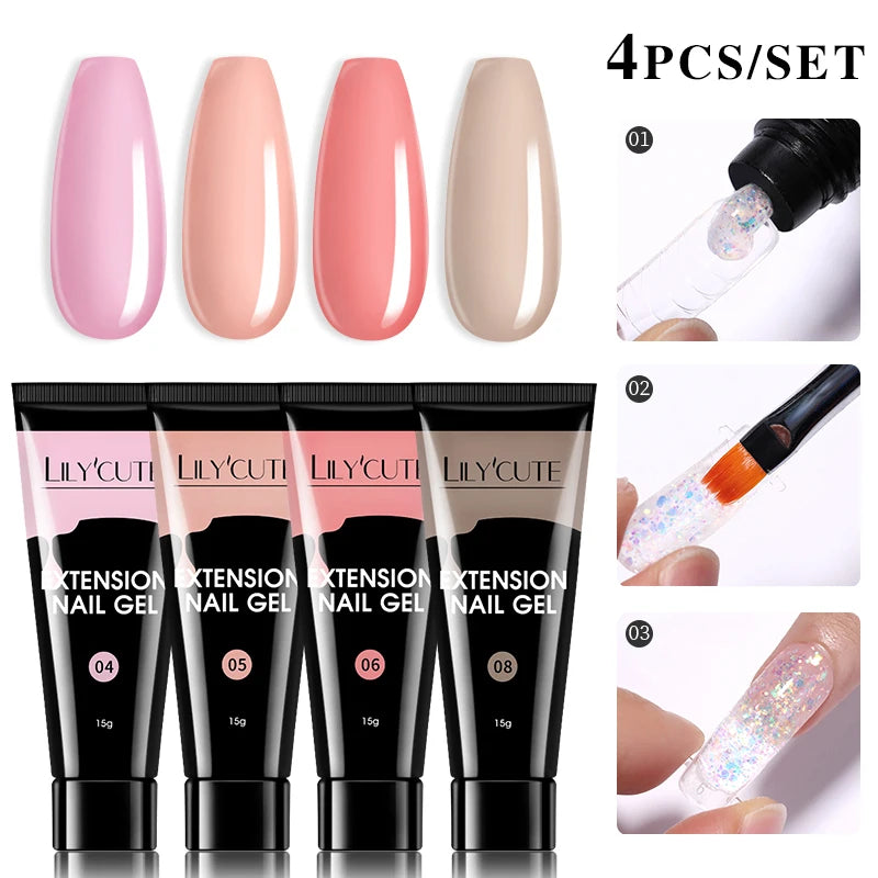 LILYCUTE 15ml Verlängerungsgel-Nagellack-Set Quick Nail Prolong mit Verlängerungsform-Nagelspitzen Acryl-Lösung Maniküre-Werkzeug-Kit