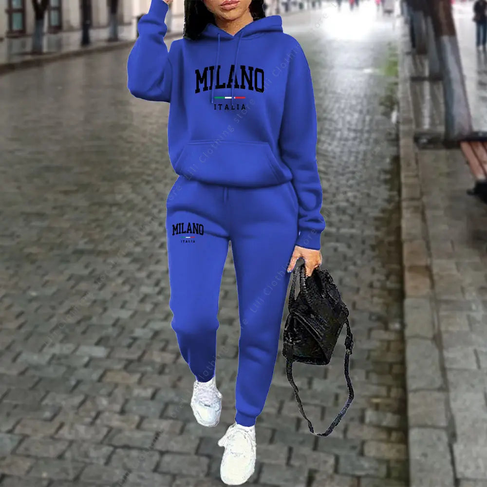 Herbst Winter Damen Sets 2-teilige Hoodies Hosen Anzug Sport Outfits 2025 MILANO Buchstaben-Print Ästhetische Kleidung Damen Trainingsanzug