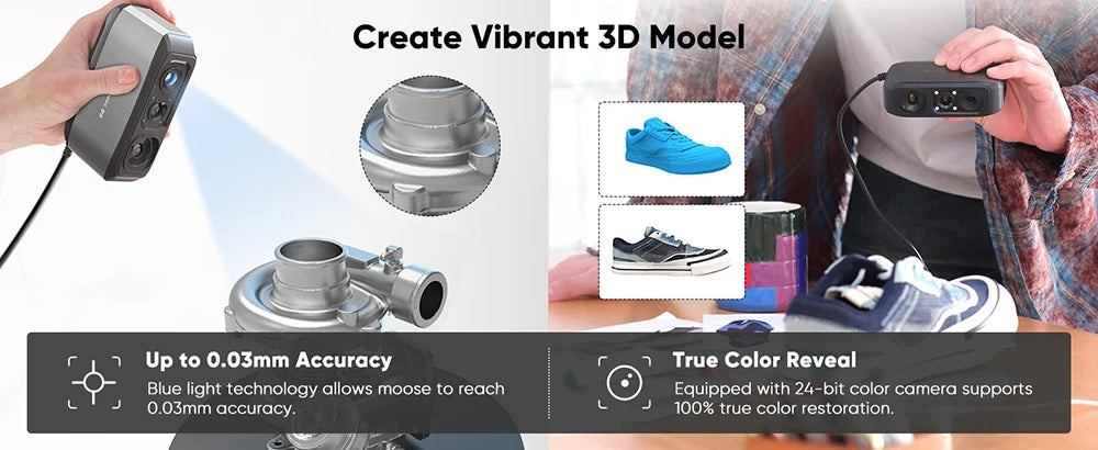 3DMakerpro Moose 3D Scanner, Al Visual Tracking, 0.07mm Resolution, 0.03mm Accuracy, Blue LED Light Source, 24-bit Color Camera, 10fps Frame Rate, Anti-Shake Lenses, Compatible with Windows/MacOS - Premium Version, Marker Fre