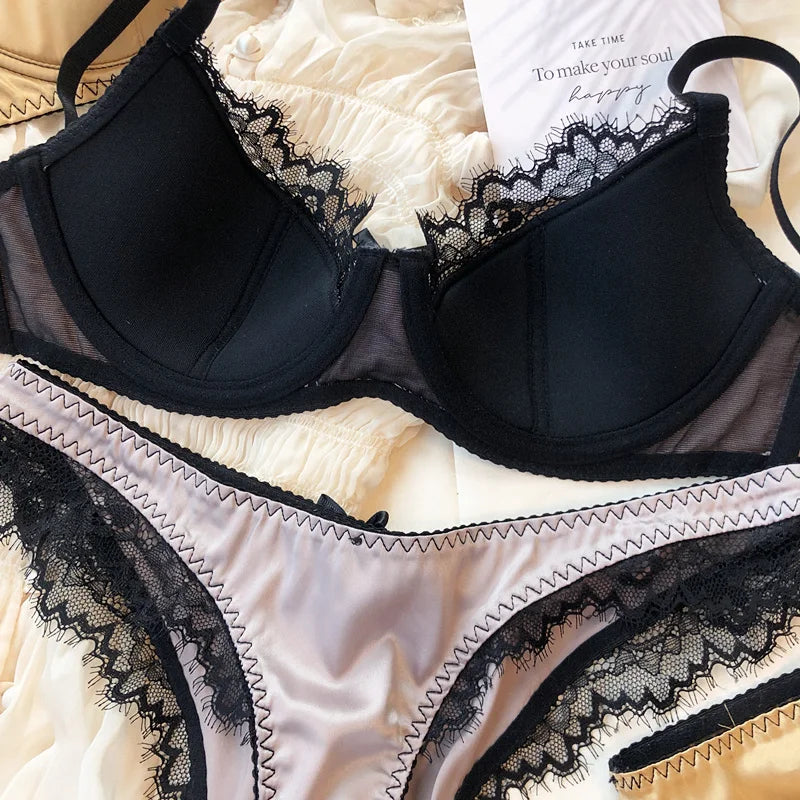 Französisches Dessous-Set mit dünnen Cups, sexy Spitze, Push-up-BH, Mode für Damen, Seidenstoff, Unterwäsche, hochwertige Intimates, BHs und Höschen