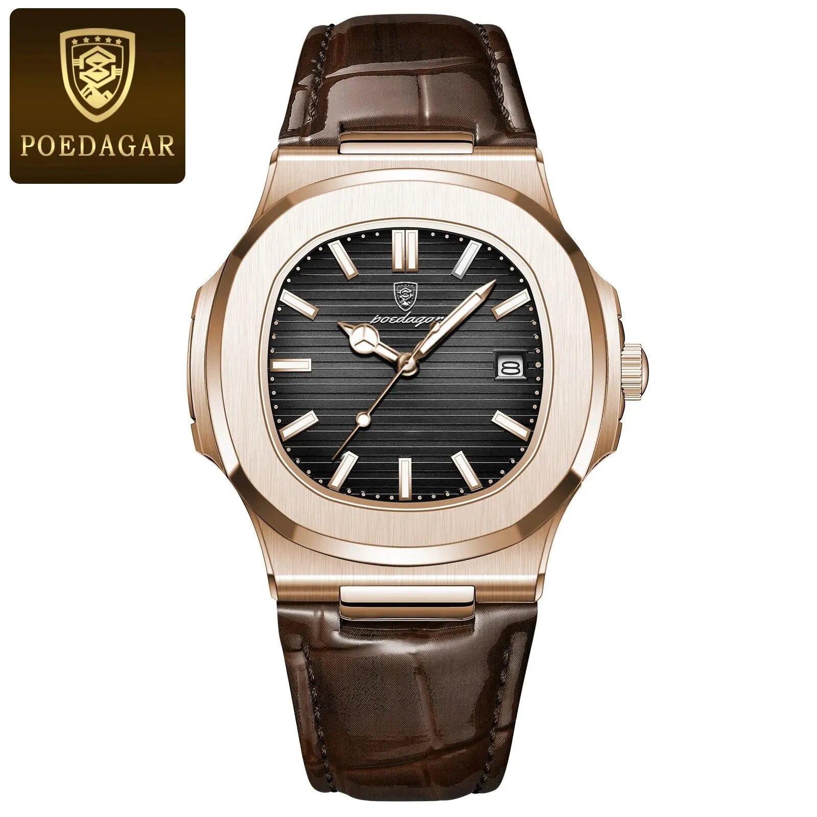 POEDAGAR Top Luxus Quadratische Herrenuhr Datum Wasserdicht Leuchtend Herren Armbanduhr Hochwertige Leder Herren Quarzuhren+Box Reloj