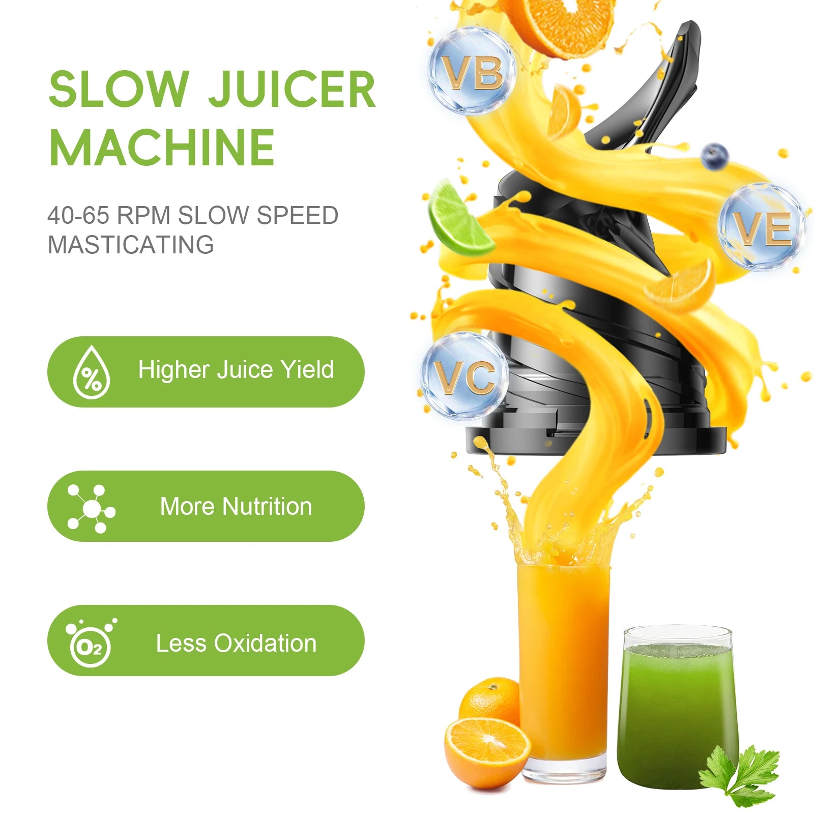 BioloMix Kaltpress-Entsafter, mit 130 mm Einfüllschacht, für ganze Früchte und Gemüse, hohe Saftausbeute, BPA-freier Slow Masticating Juicer