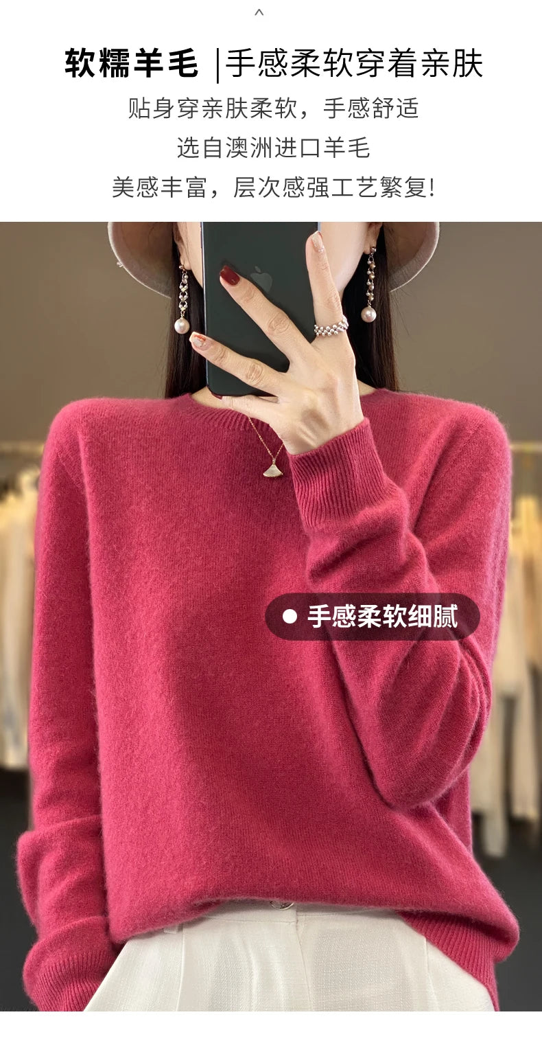 100 % Merinowolle Pullover Damen O-Ausschnitt Kaschmir Strickwaren Female Pullover Herbst Winter Freizeit Oberteile Einfarbig Weiche Kleidung