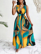 Ärmelloses, bodenlanges V-Ausschnitt-Kleid für Damen mit abstrakten Prints – modisch für Strand und legere Anlässe