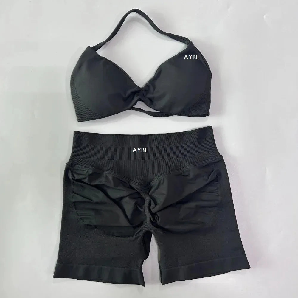 AYBL 2-teiliges Yoga-Set Gym-Set Damen Träger-Yoga-BH Top Hohe Taille Workout Scrunch Shorts Sportanzug Nahtloses Yoga-Set Fitness