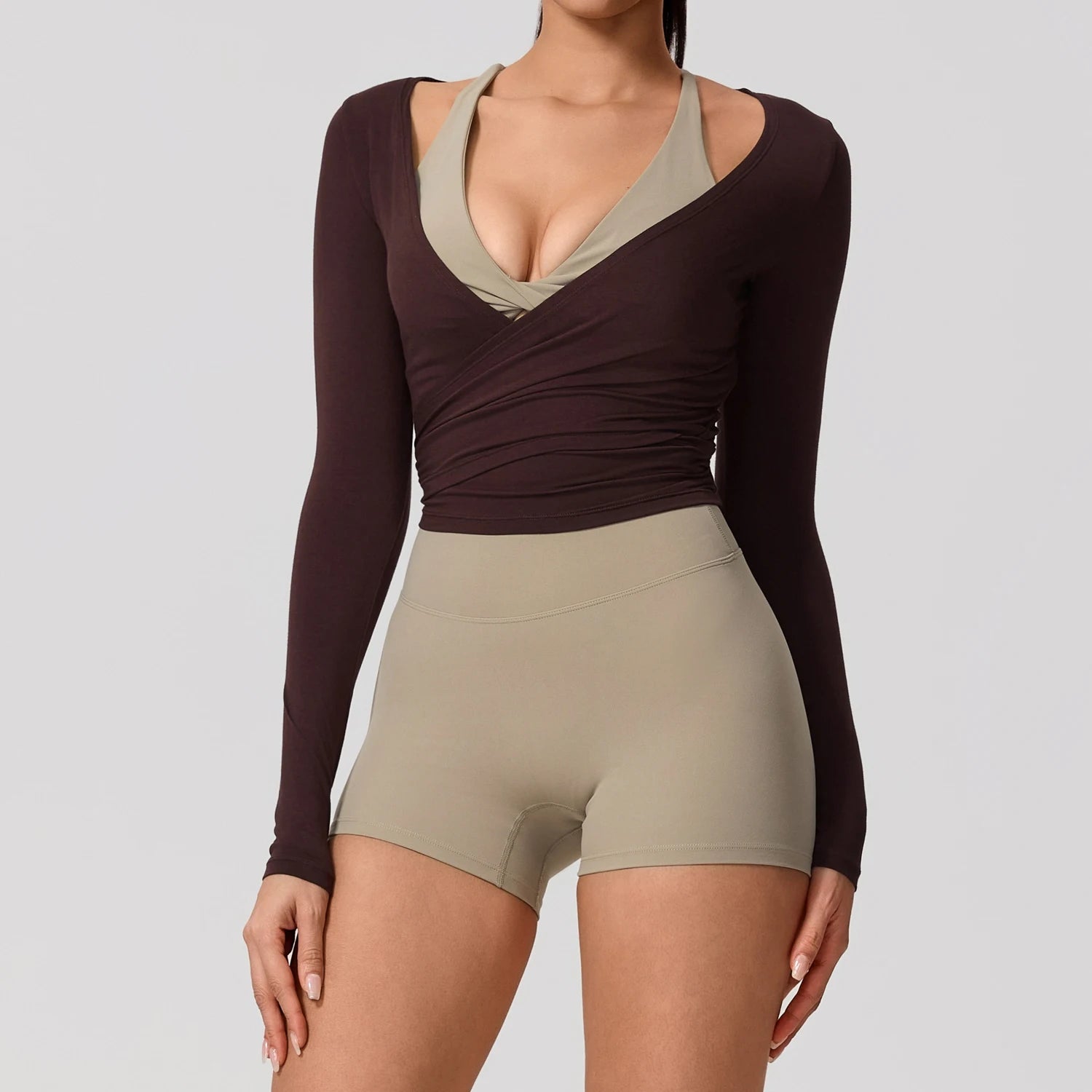 Neue Sommer Damen Yoga Langarm Einteiler Träger Yoga Kleidung Weibliches Training Premium Ballett WickeloberteileFrauen Fitness Sport Top