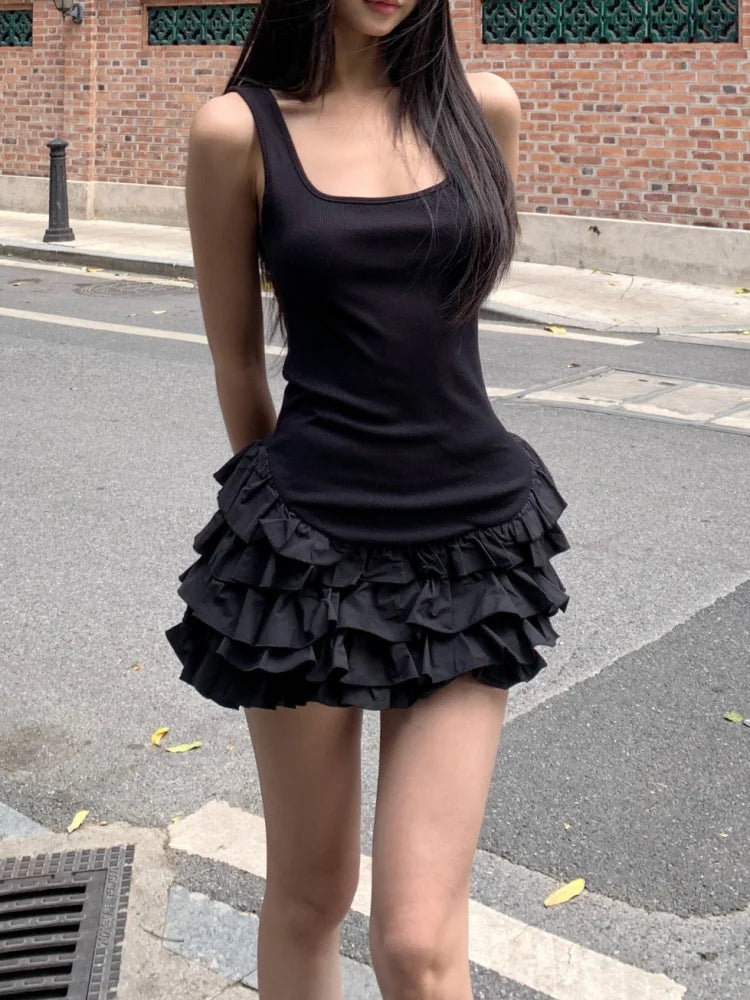 Chic Y2K Ärmelloses Minikleid für Damen Sommer Schwarze Kleider Sexy Clubwear Party Slim Fit Rüschen Plissiertes Kurzes Kleid