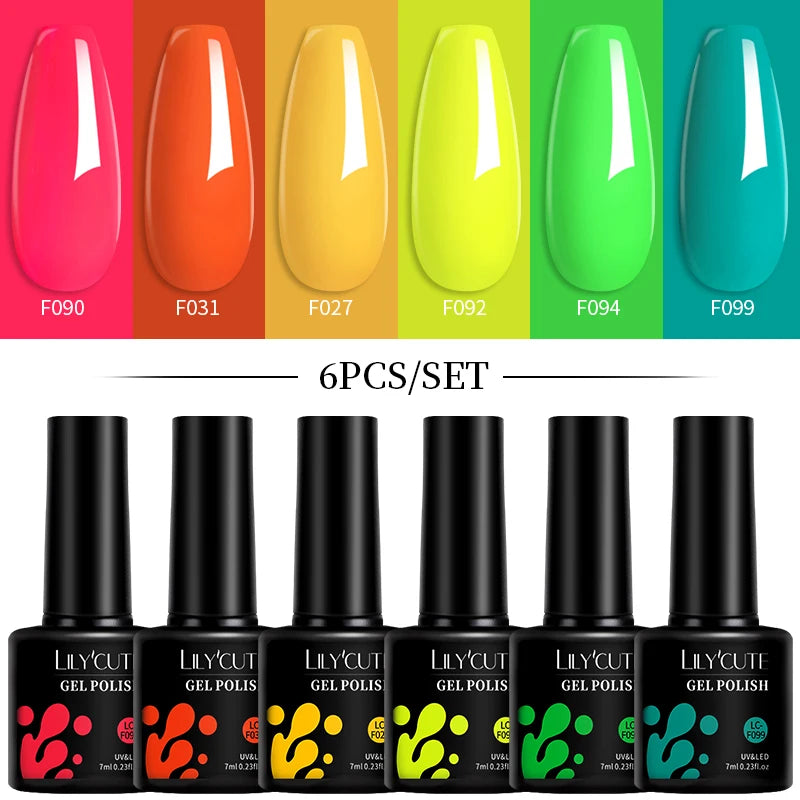 LILYCUTE 7ML 6PCS Neon Gel Nagellack Set fluoreszierend Farbwechsel Semi Permanent Soak Off Maniküre-Kit Nail Art Gel