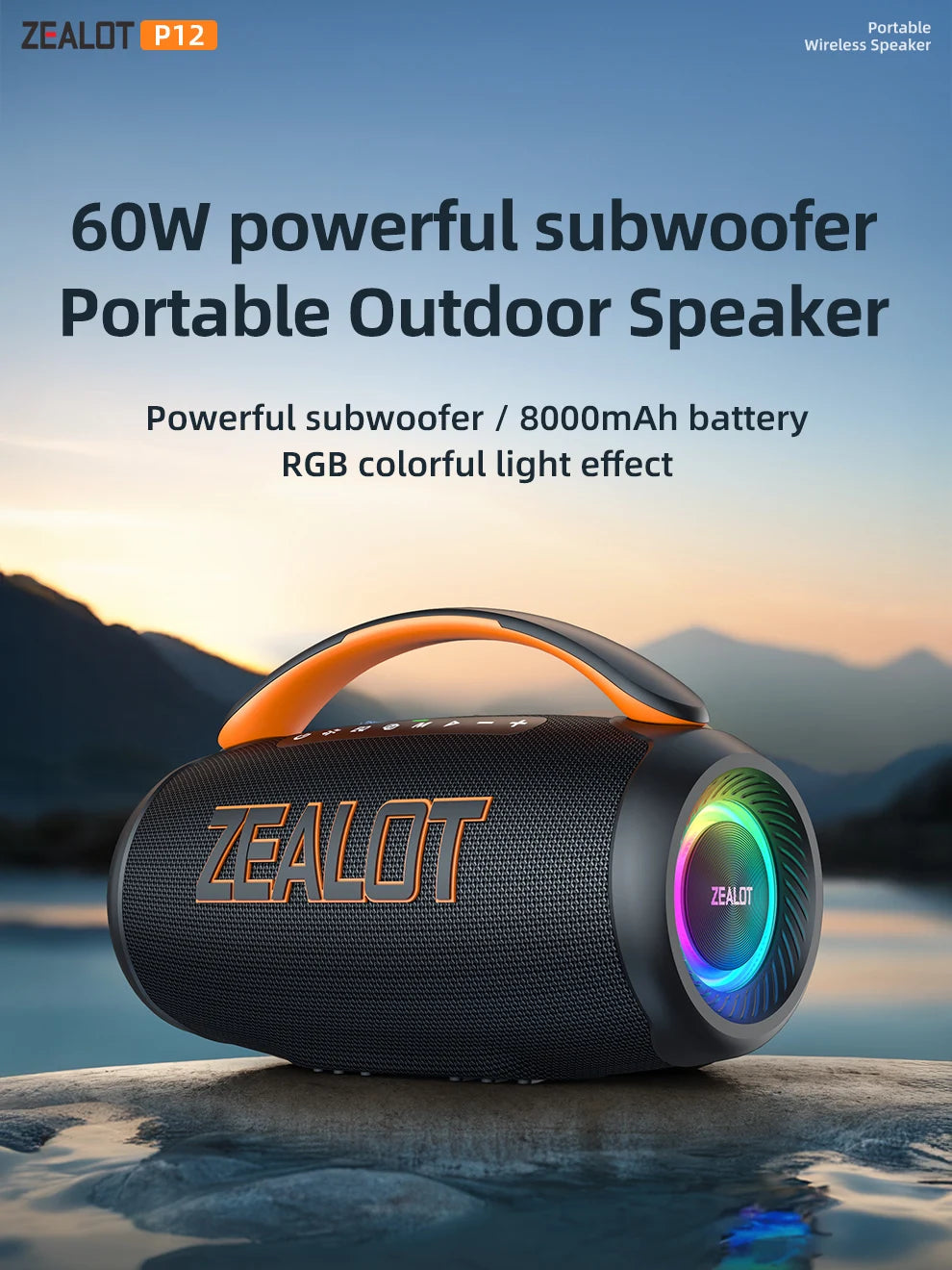 zealot-P12 Lautsprecher 60W Bluetooth-Lautsprecher Tragbarer Lautsprecher mit 10 Stunden Spielzeit, Tragegriff, für Camping, Party, TWS, AUX